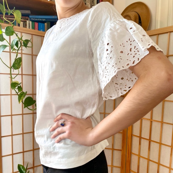 Linen Eyelet Broderie Flutter Sleeve Blouse - Picture 7 of 16